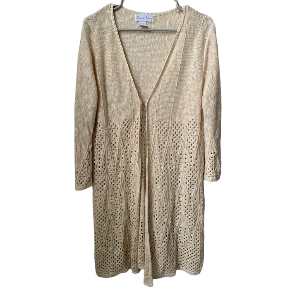 FASHION AVENUE Women’s Beige Heather Open Weave Open Front 3/4 Sleeve Cardigan